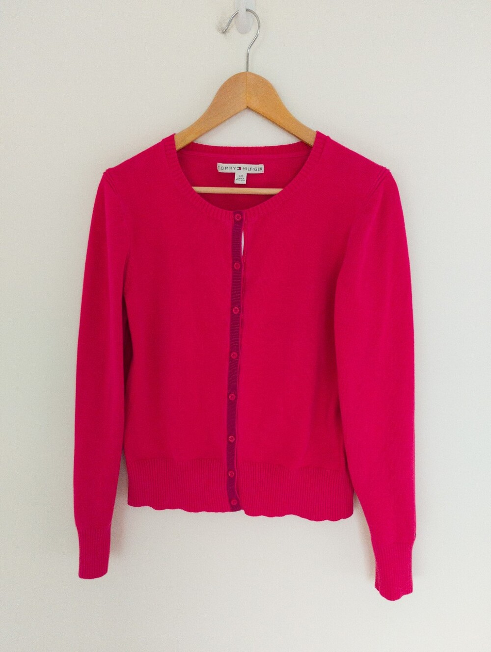 Tommy Hilfiger Hot Pink Cotton Crewneck Button Cardigan Sweater Preppy Large